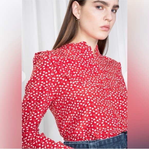 & Other Stories Heart Print Buttondown Top Blouse 2 Valentine’s Day Holiday Red - Picture 4 of 11